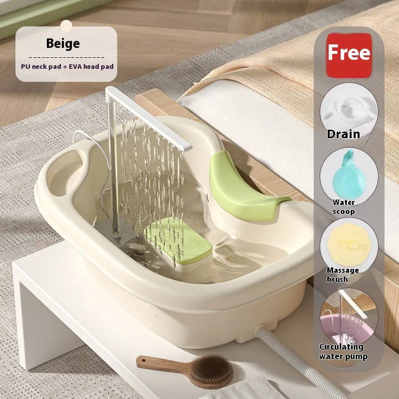 Portable plastic shampoo basin with neck pillow for bed use in light pink colour
