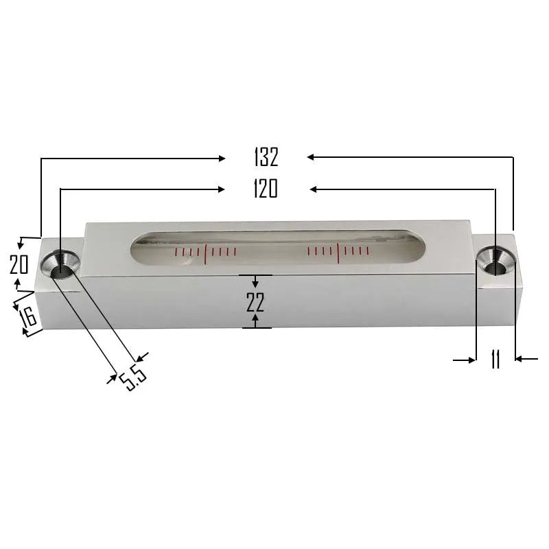 Compact metal and glass mini spirit level showing measurement vial, 132mm long.