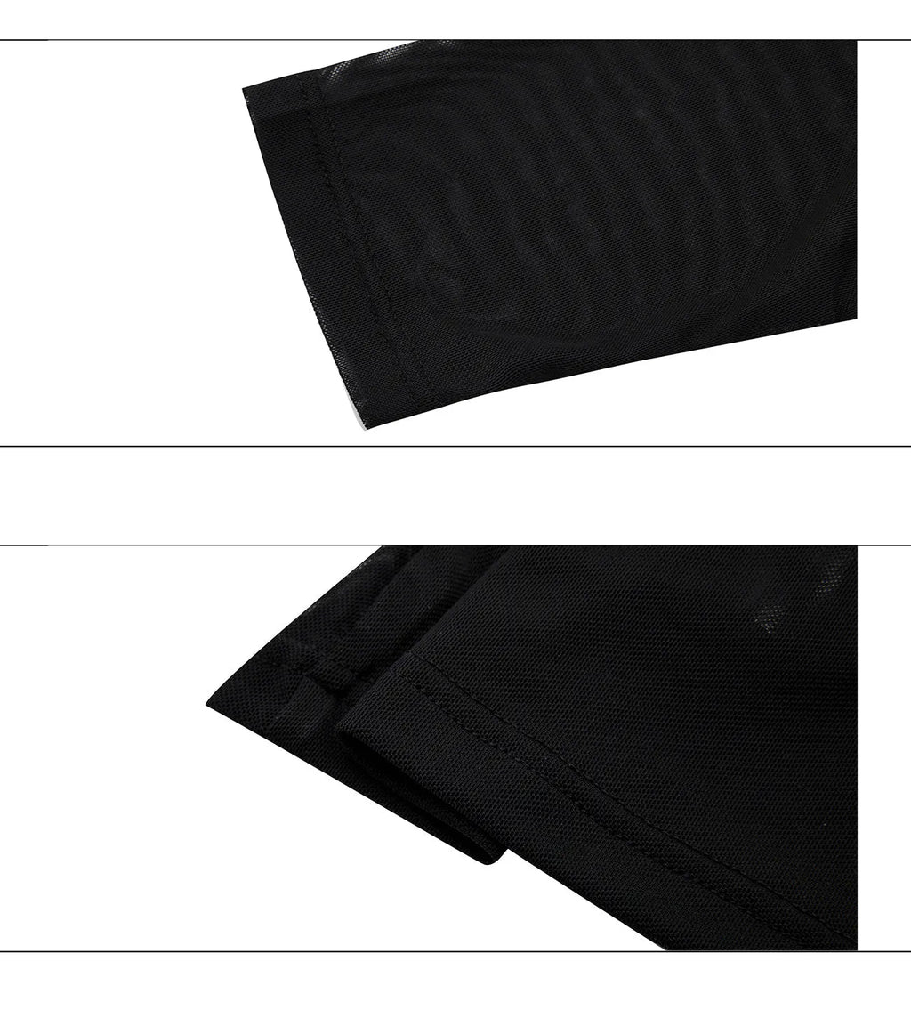 Black and white slim-fit long sleeve bottoming shirt made of niche mesh fabric.