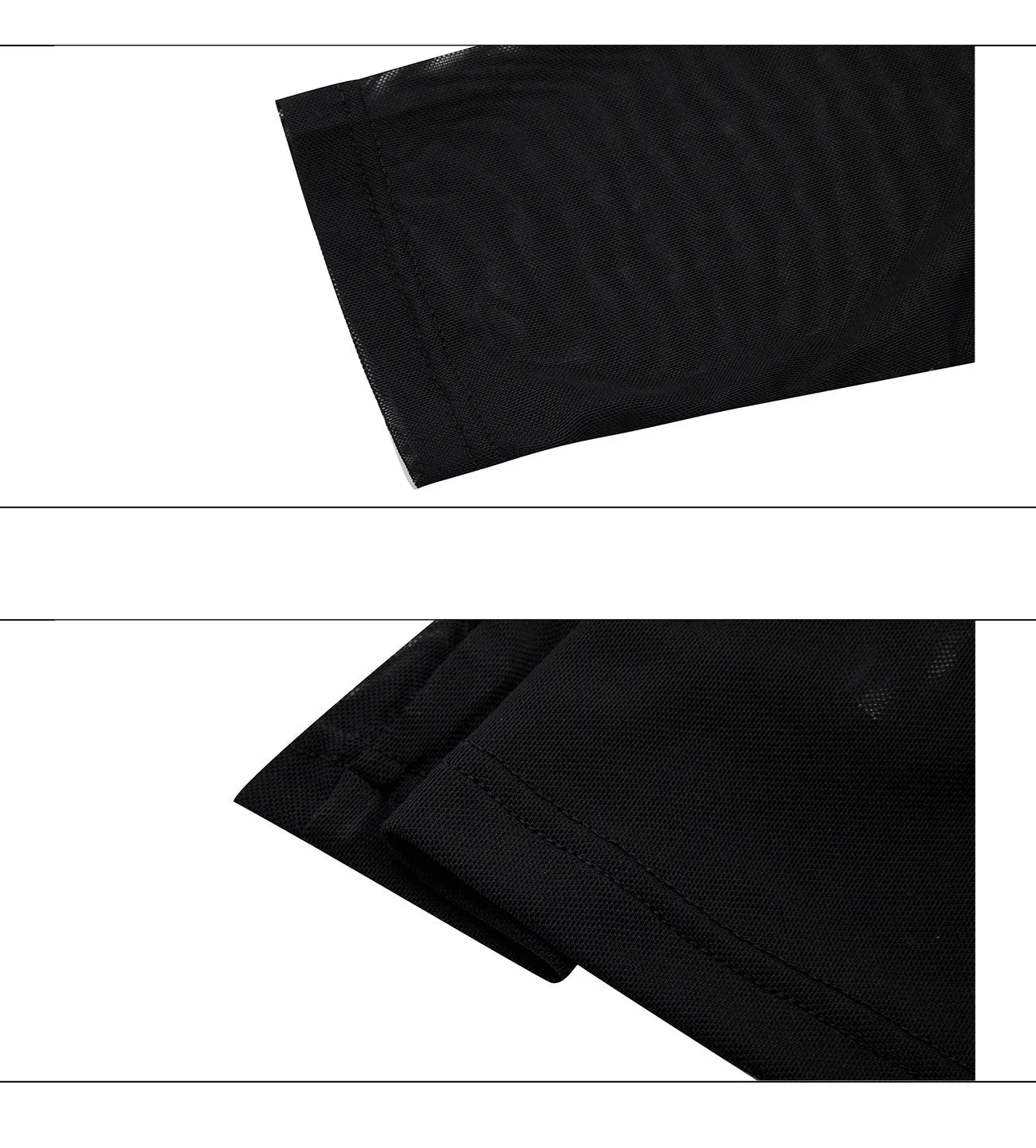 Black and white slim-fit long sleeve bottoming shirt made of niche mesh fabric.