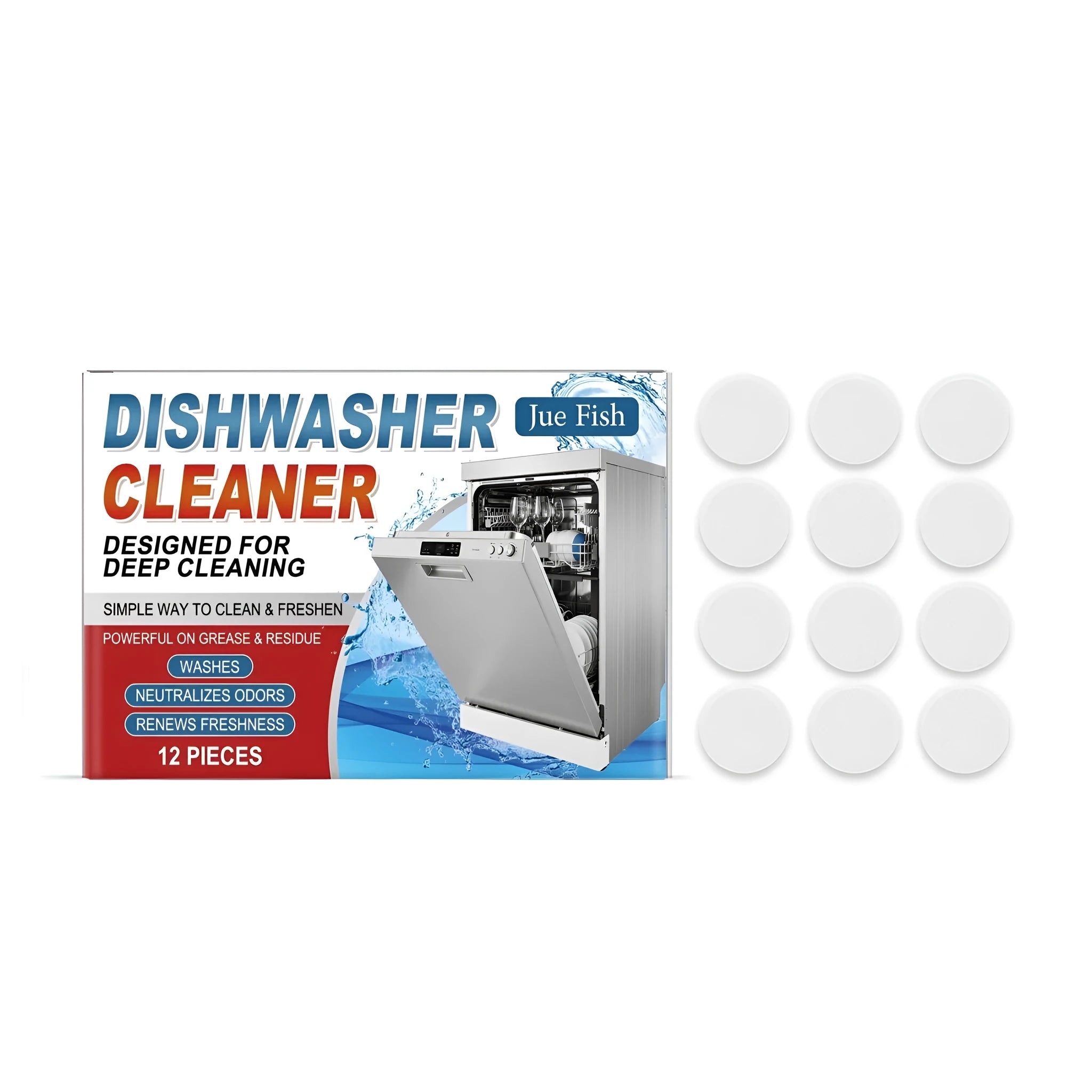 Box of 12 household dishwasher and washing machine cleaning tablets on a counter