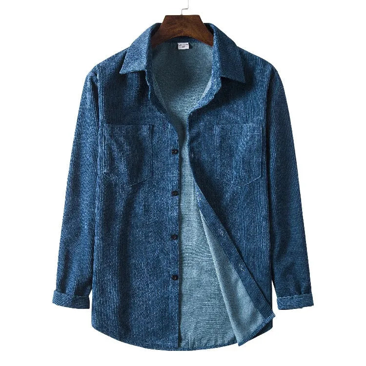 Men's fitted yellow corduroy cardigan with pointed collar and long sleeves on a plain background