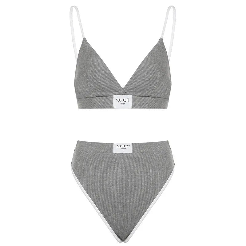 Women's embroidery contrast colour binding letters bikini set with sleeveless shorts design in polyester fabric