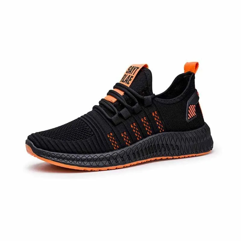 Men's black casual sports shoes with flying three bars stripe pattern and cross strap details on a white background.