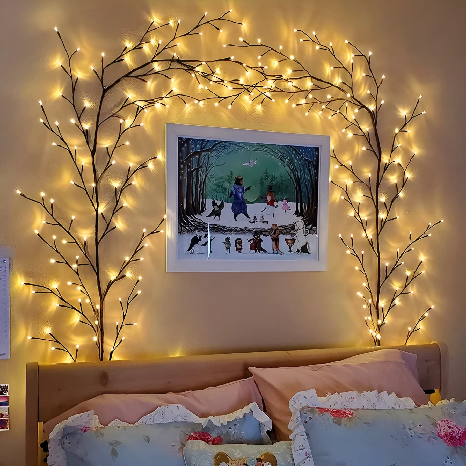 Flexible LED vine light garland with warm white LEDs on birch-texture branches for wall decoration