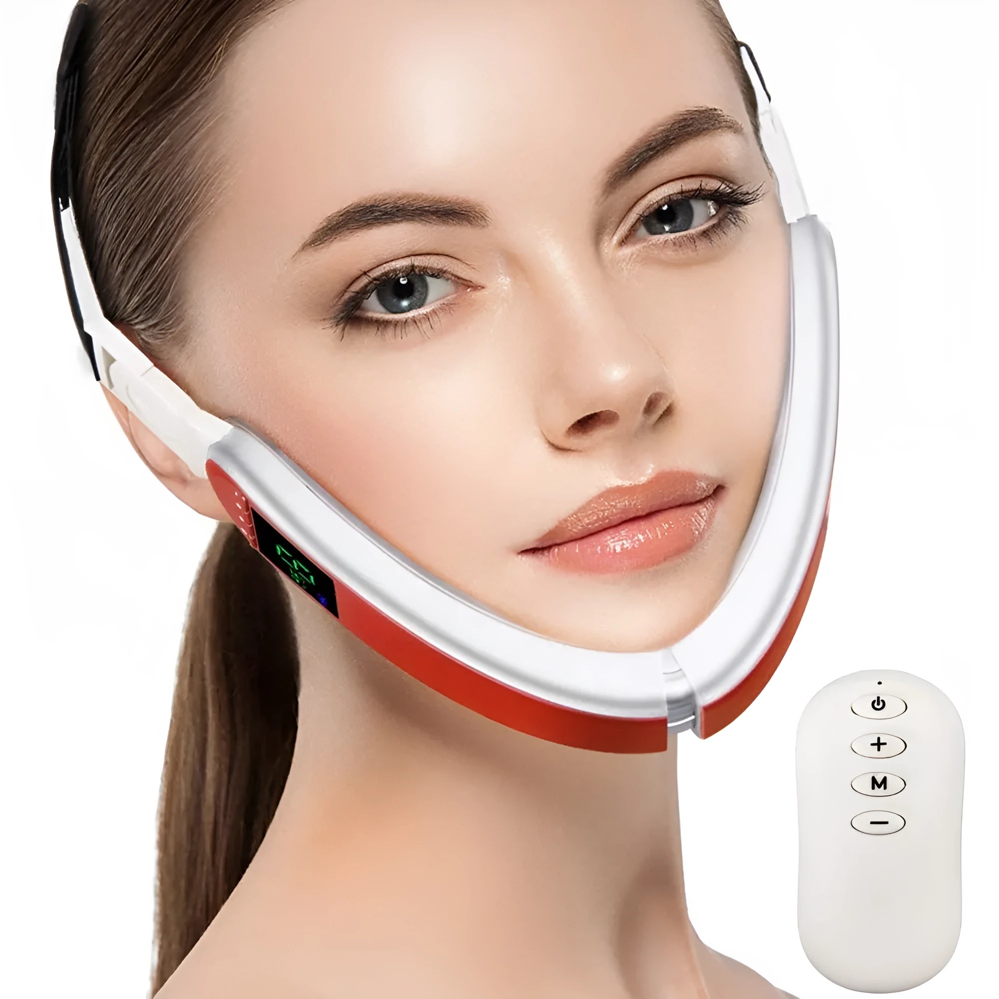 Infrared LED photon therapy V-shape face massager in blue with silicone sheet attached