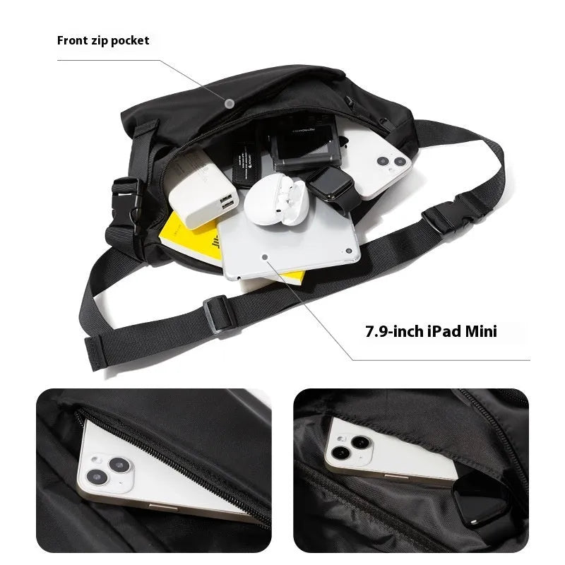 Black men's slanted chest bag with visible sewing line details