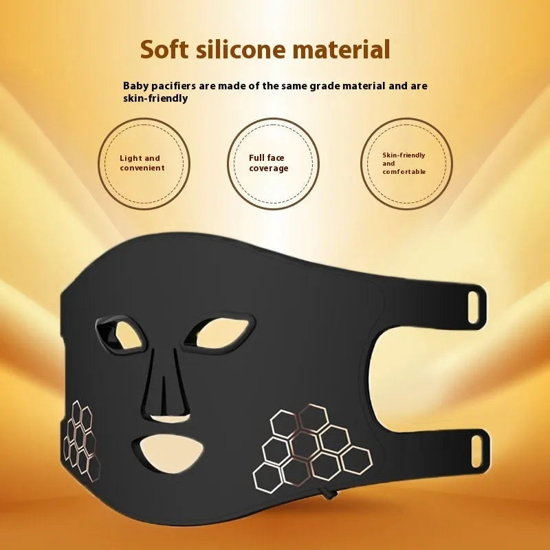 Black LED photon therapy facial mask with four colour infrared lights and neck support strap