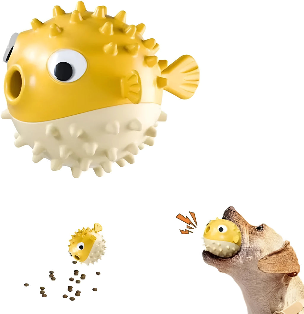 Green fish-shaped interactive dog chew toy with textured surface for treat dispensing and teeth cleaning.