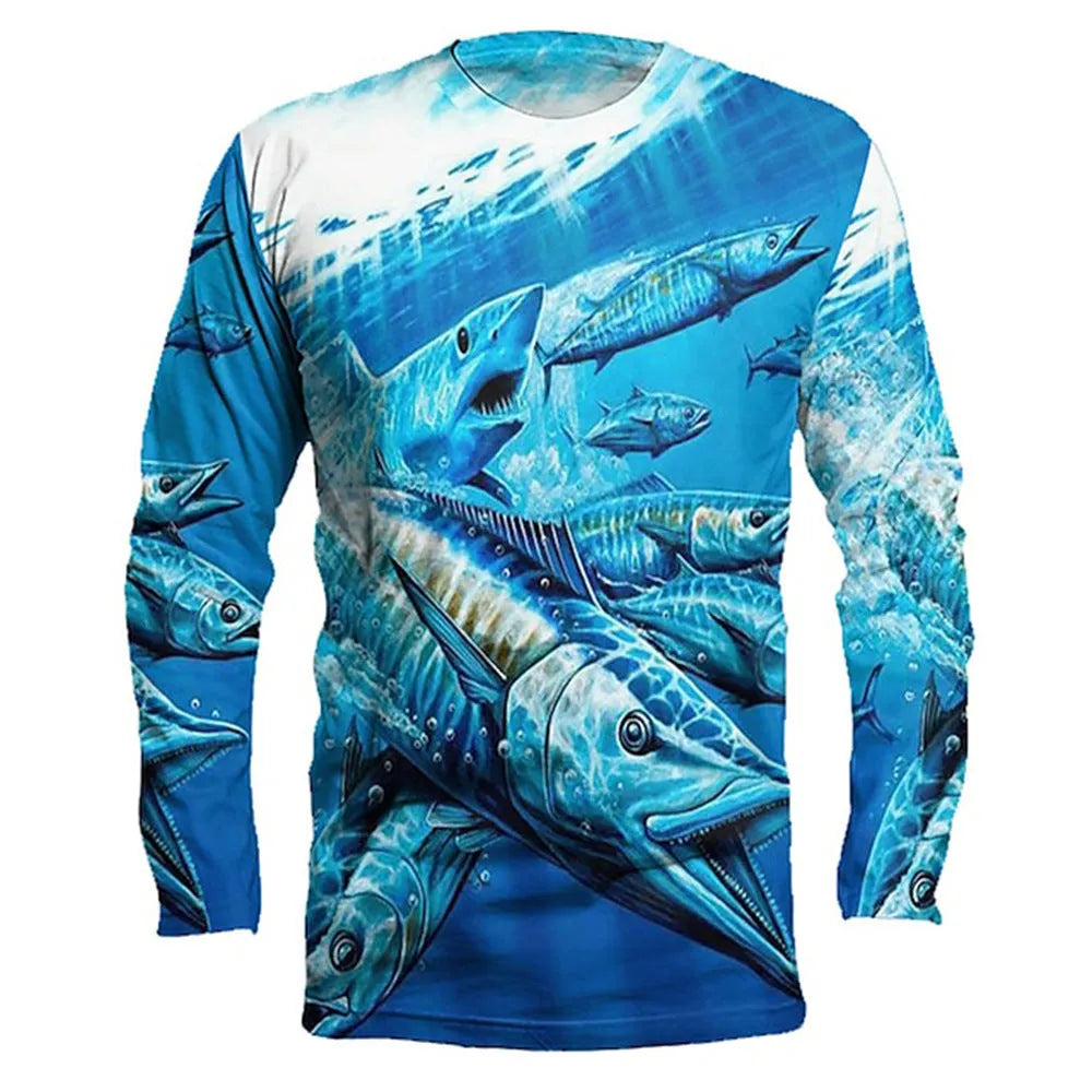 Men's grey pullover top with fish print design on front, round neck and long sleeves