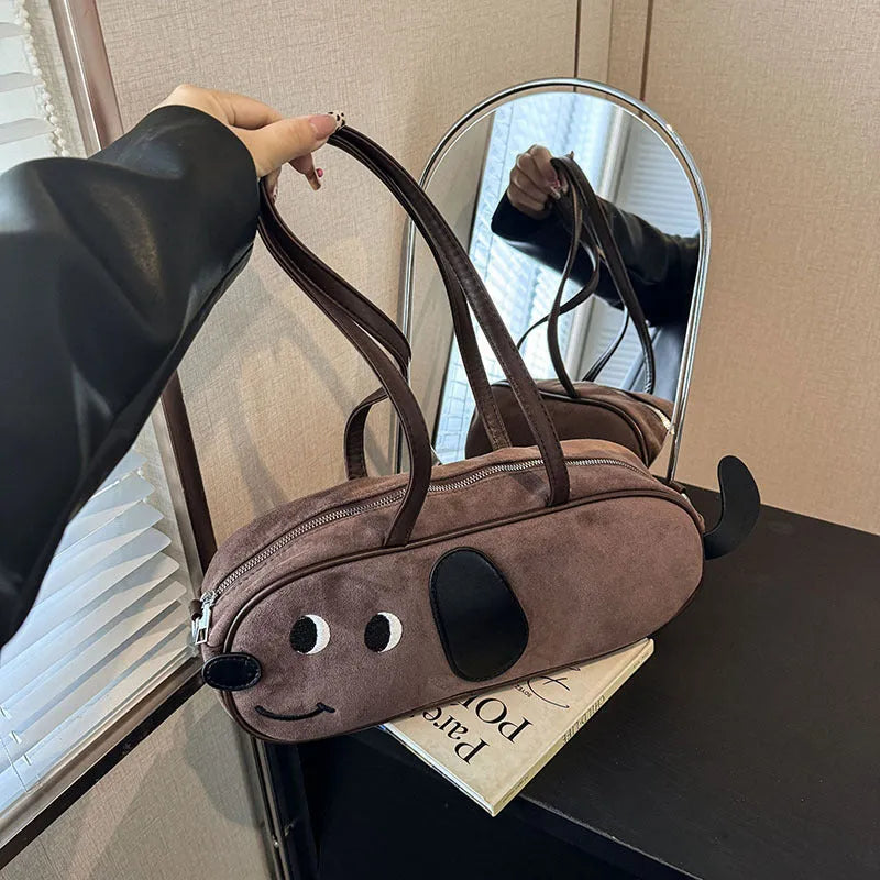 Sausage dog crossbody bag coffee brown retro frosted horizontal square PU handbag with single shoulder strap