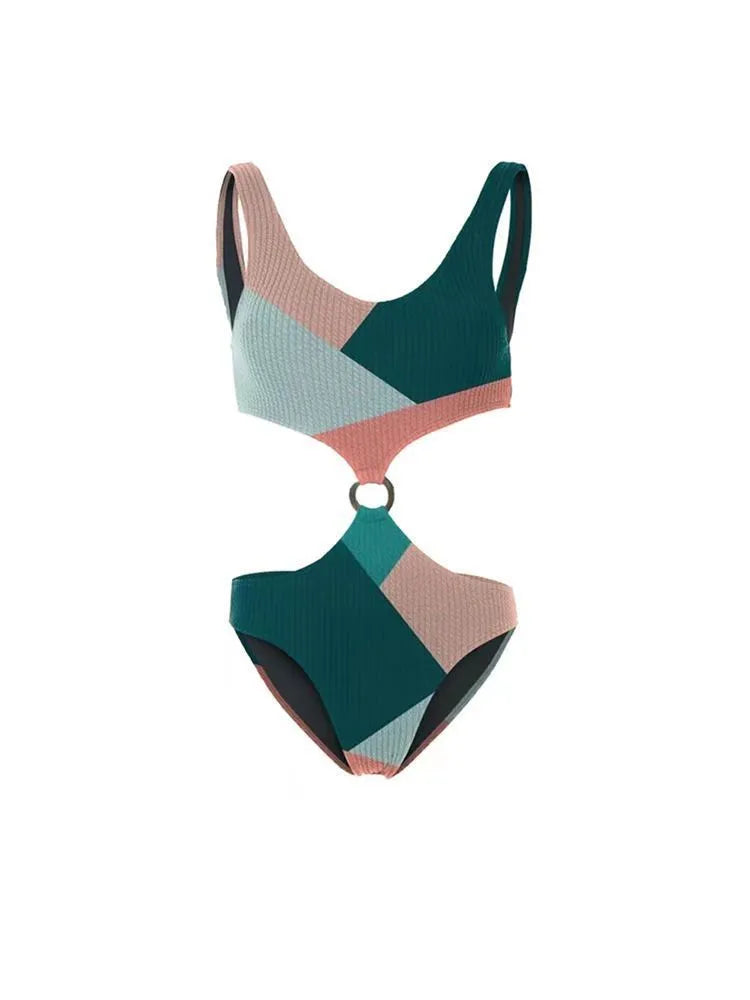 Two-piece contrast colour bikini set with mesh gauze skirt, backless European style design