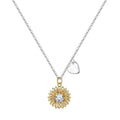 925 silver sunflower necklace with adjustable cross chain and daisy pendant on a model.