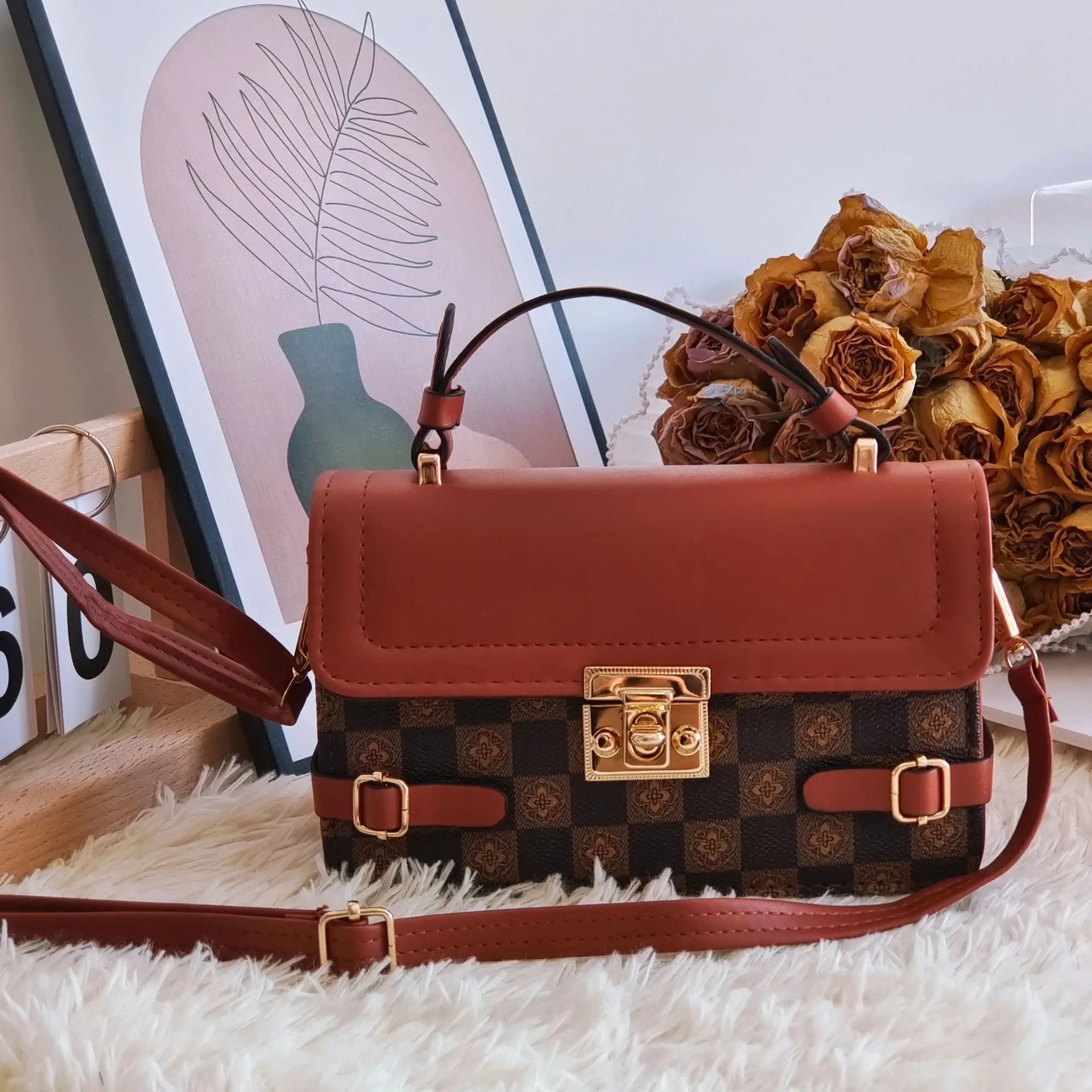 PU leather retro square crossbody bag with ethnic stitching and plaid patterns, shown in apricot colour.