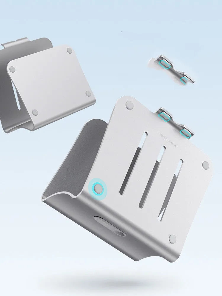 Silver aluminium laptop cooling stand with rotary base, 4.07mm thick, on a wooden desk.