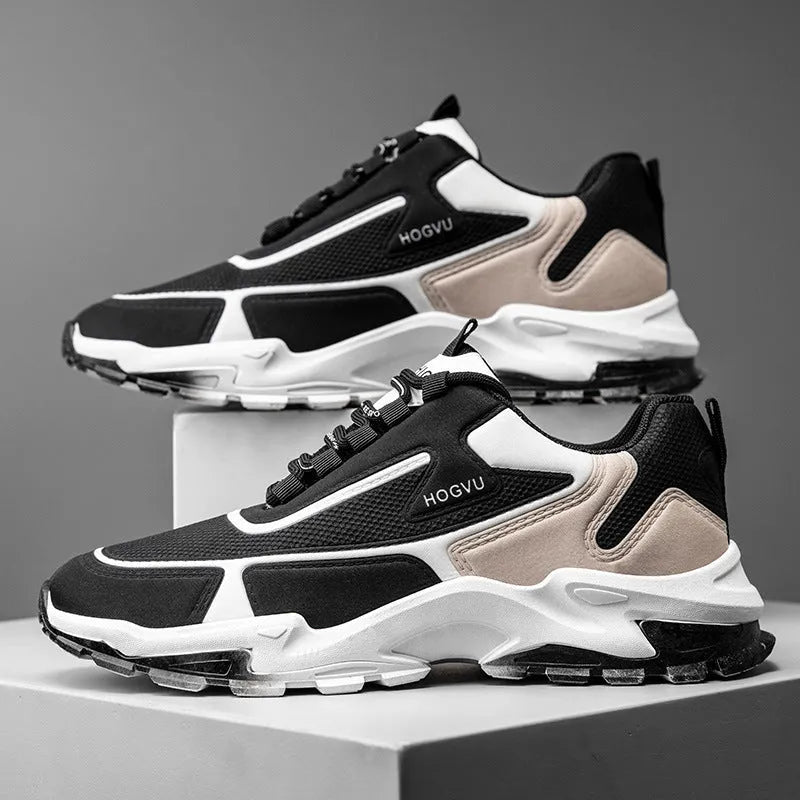 Men's breathable mesh running shoes, low-cut lace-up trainers with plastic sole, black khaki or black and blue, sizes 39-44