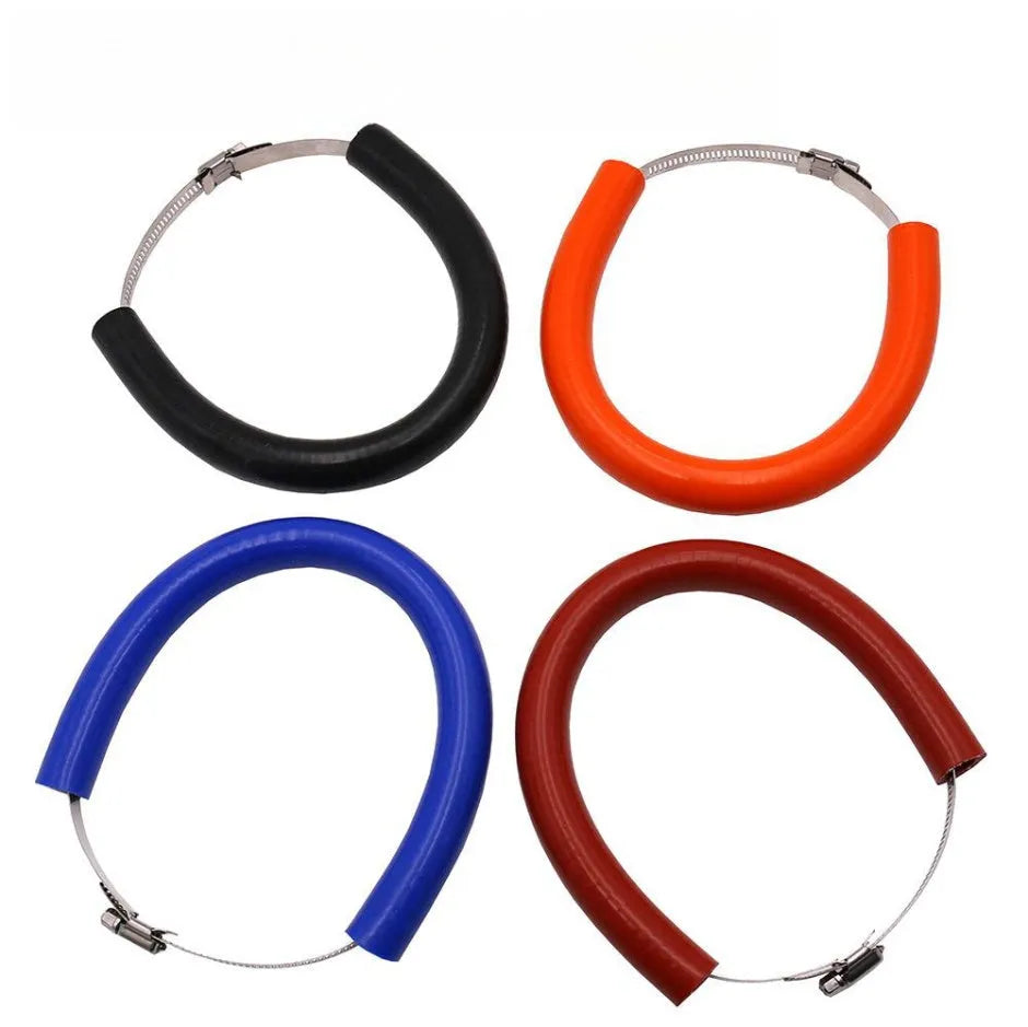 Universal motorcycle exhaust pipe anti-drop clamp and gasket in black, blue, and orange