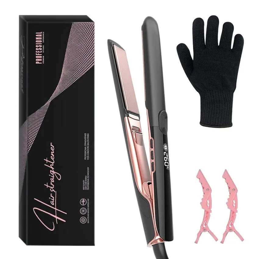 Anion hair straightener with ceramic plates showing temperature display and EU plug