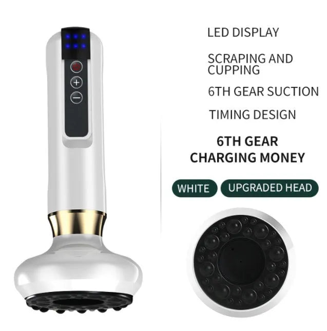 Green electric vacuum cupping massager device with USB cable on a white background