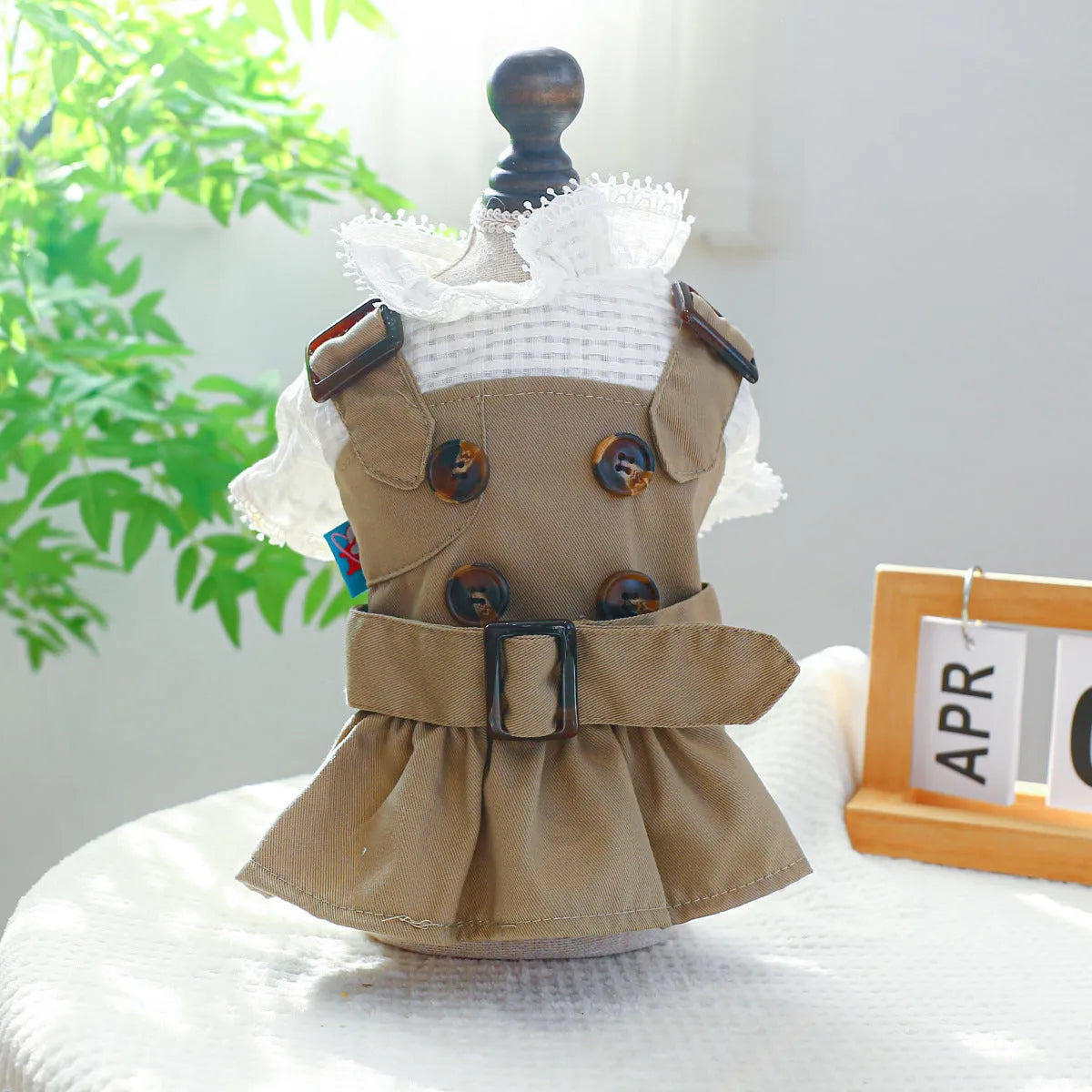 Khaki polyester trench coat pet clothing for dogs on white background