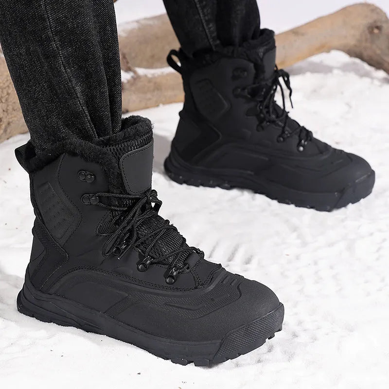 Men's black fleece-lined high-top lace-up boots with a flat heel and ribbed sole.
