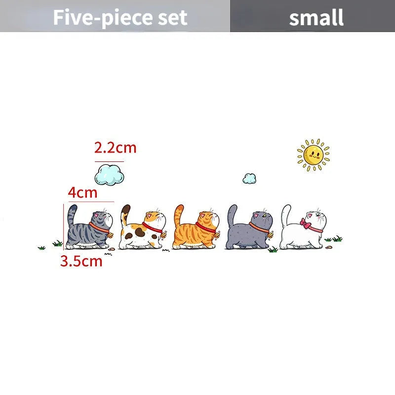PVC waterproof car sticker showing five walking cats design for vehicle personalisation in multiple sizes