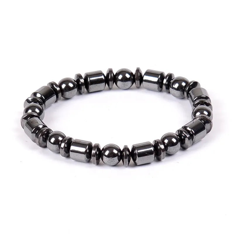 Black pentagram symbol magnetic bracelet with magnetite and hematite stones on a stretch band.