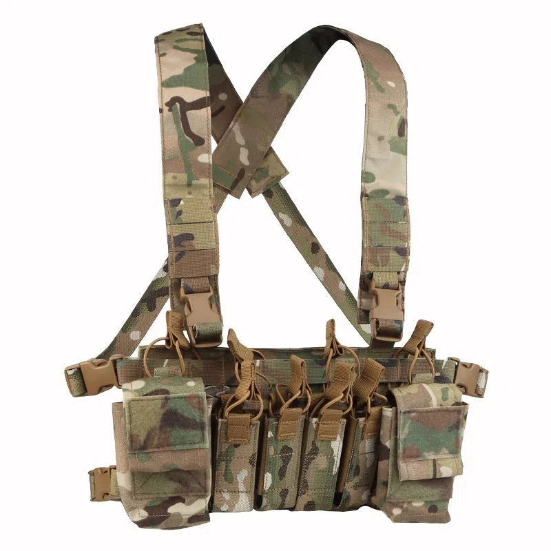Camouflage multi-functional expandable chest harness with nylon accessory pouch for shooting sports