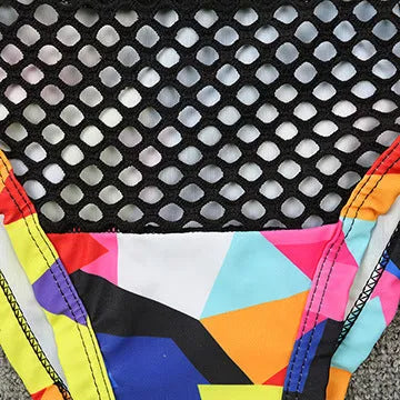 Women's multicolour checkered bikini set with cross-strap top and fishnet high-waist shorts