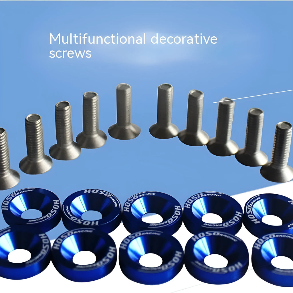 Car modification gasket screw set showing 10 pieces in eight different colours including black, red, blue and silver