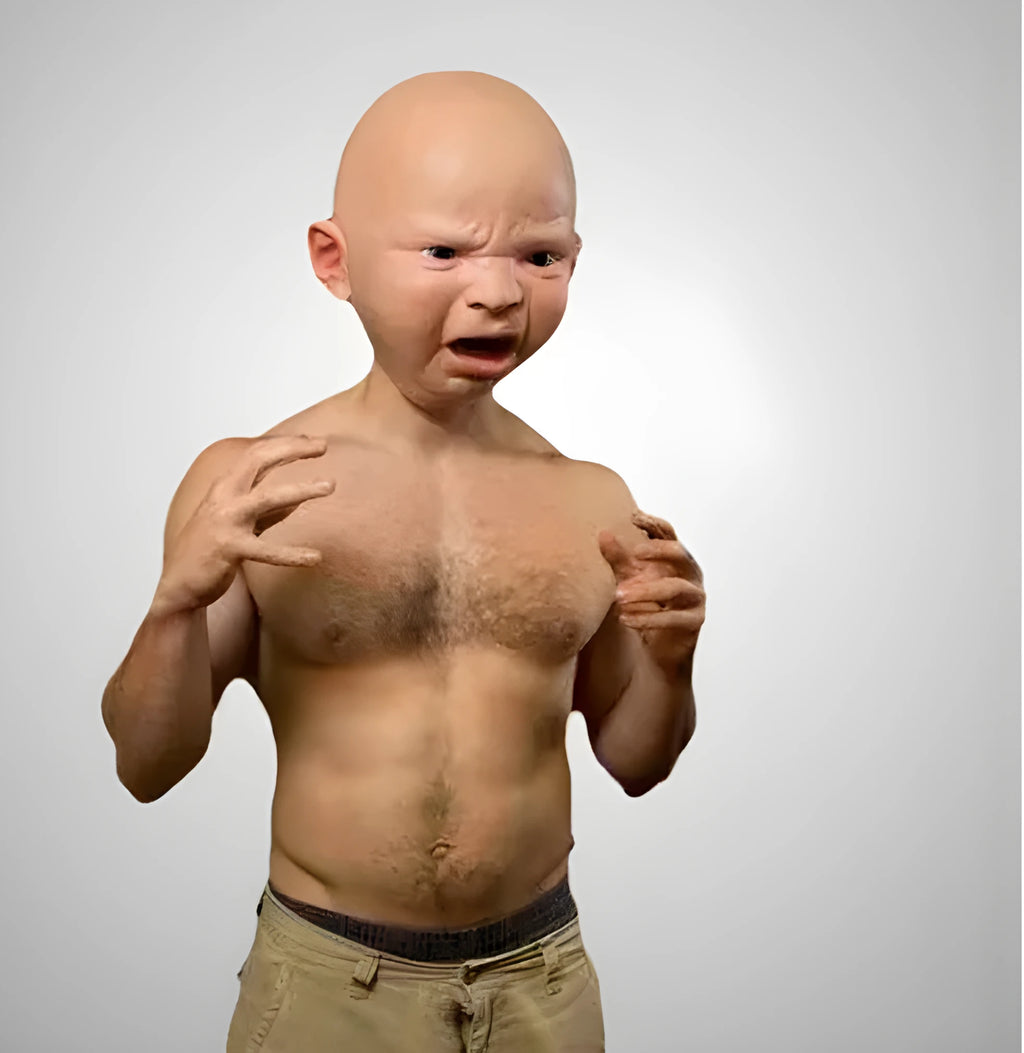 Latex baby face mask in angry, crying, or smiling doll style, 26cm x 26cm, for Halloween parties.