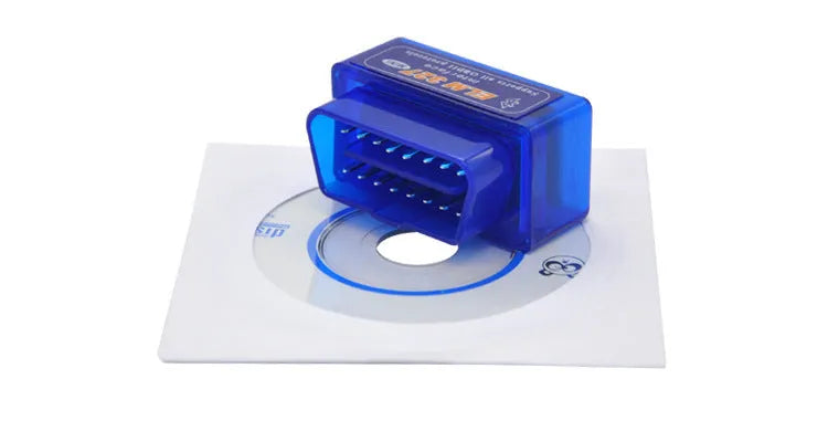 Compact dual-mode ELM327 OBD2 Bluetooth diagnostic scanner for vehicle fault codes.