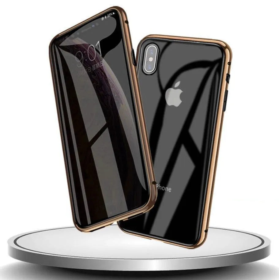 Closed black clamshell privacy case for iPhone showing front screen and sliding camera cover tabs.