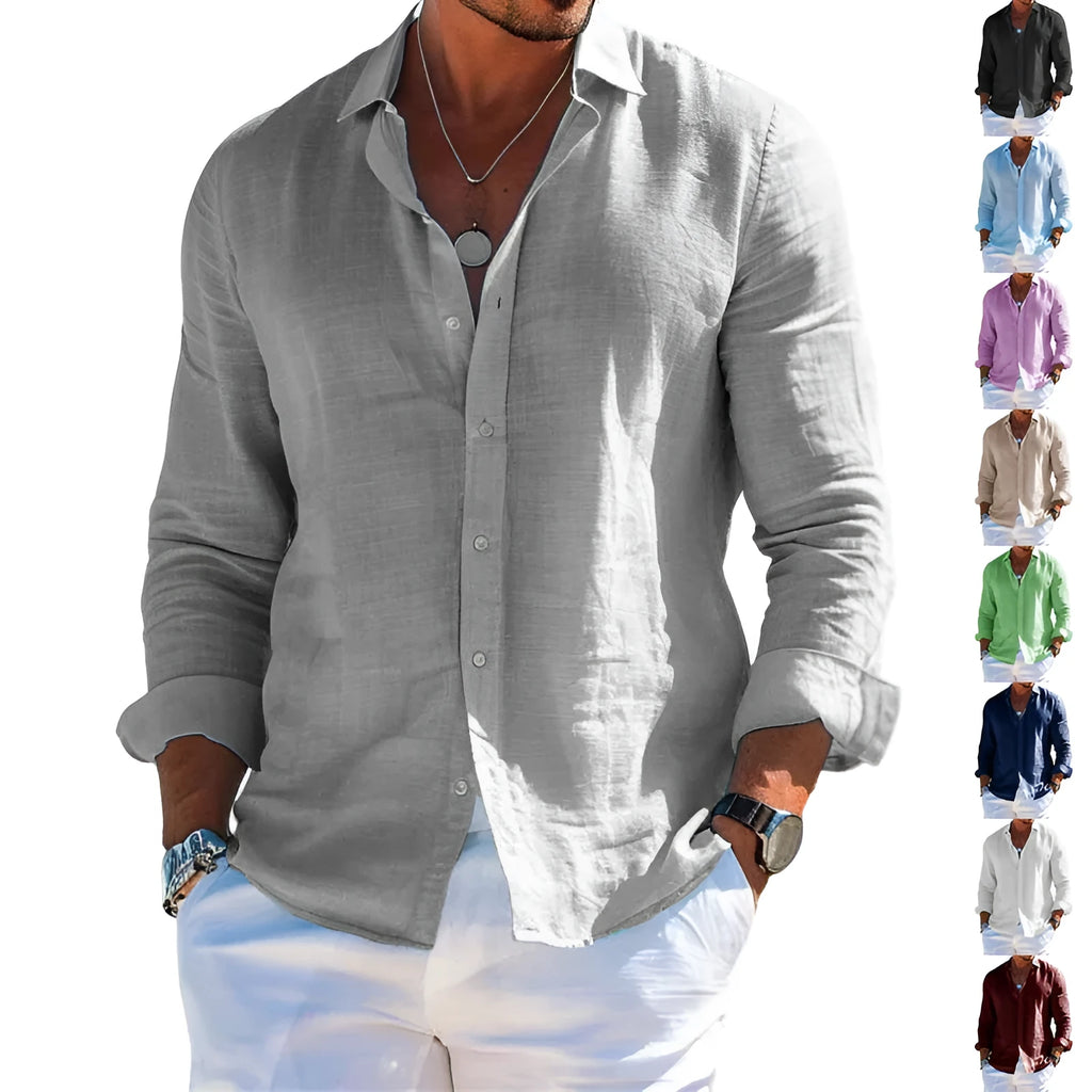 Men's loose fit long sleeve shirt in solid colour with lapel collar and button front, polyester fabric