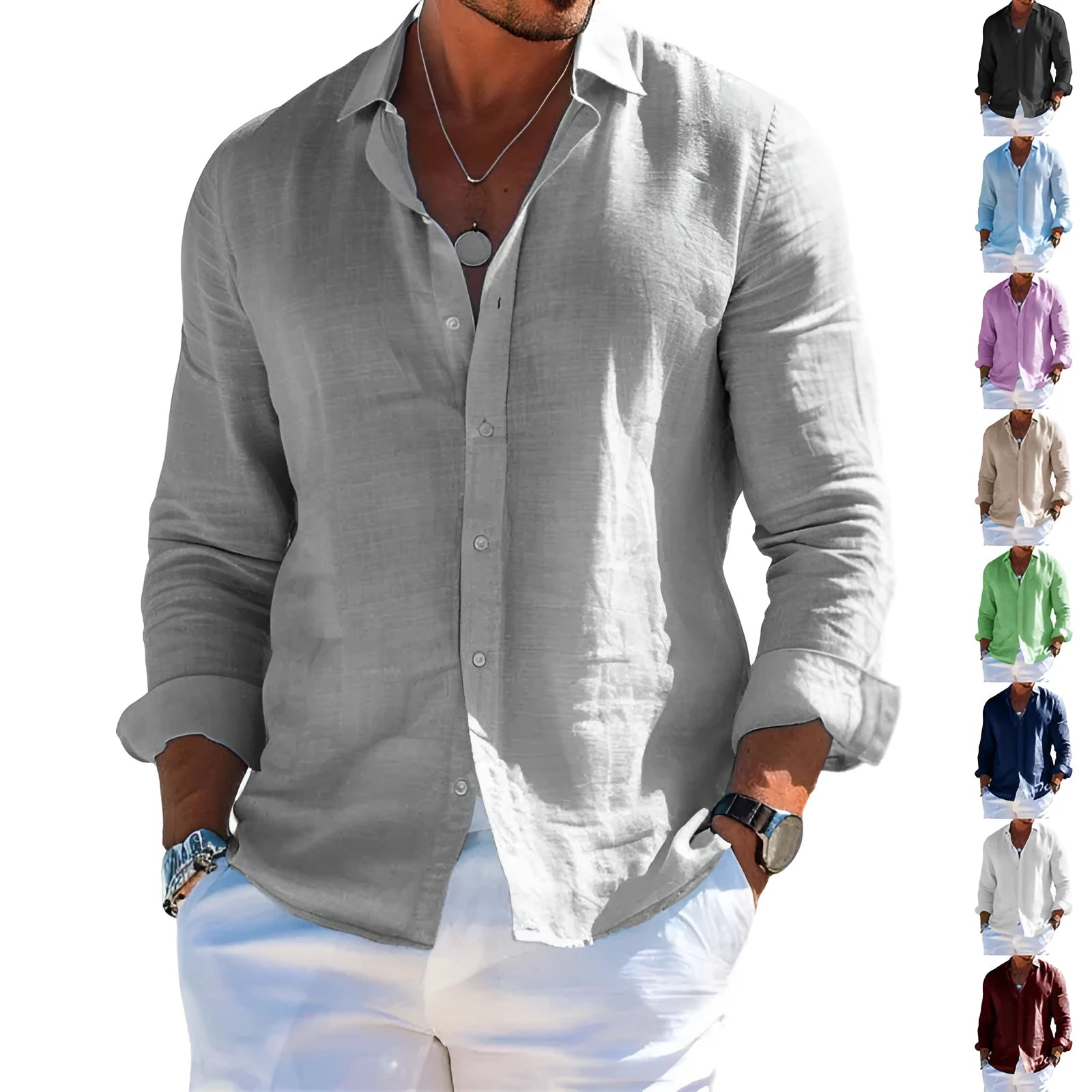 Men's loose fit long sleeve shirt in solid colour with lapel collar and button front, polyester fabric