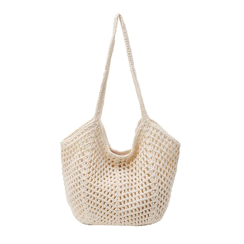 Hand-woven hollow shoulder bag in cotton and linen, beige colour, open pocket design with double straps