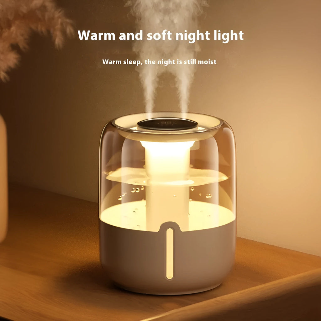 Beige USB humidifier with dual spray nozzles, humidity display, and 5L capacity water tank