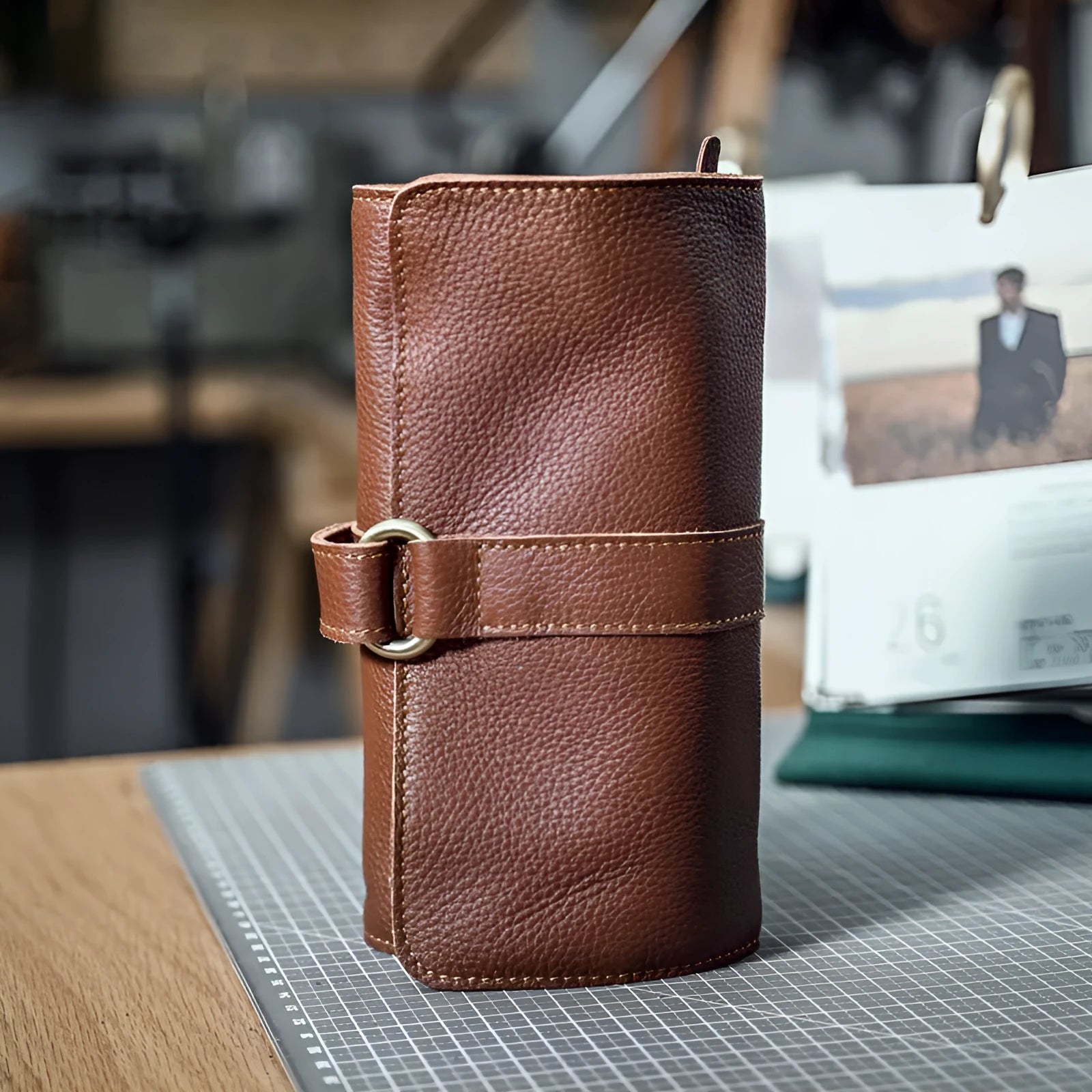 Handmade cow leather vintage wallet with tape closure in black or dark brown colour