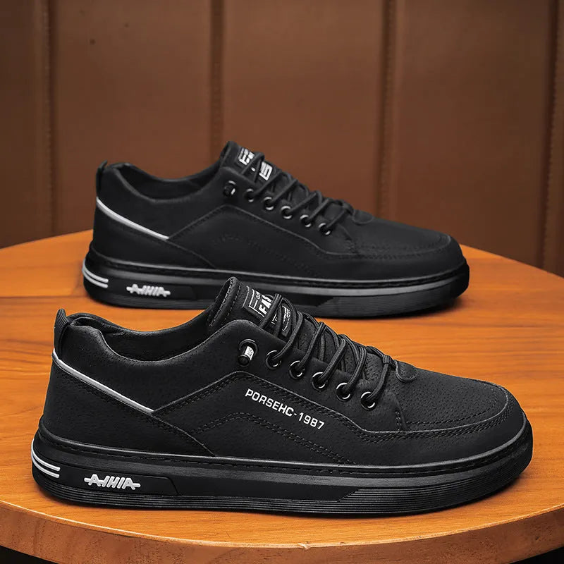 Men's black casual shoes with round toe and non-slip rubber sole for summer construction work