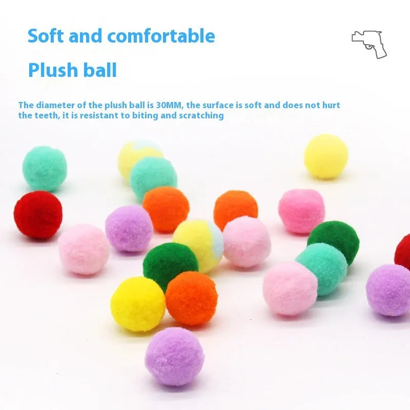 Interactive pet toy gun with multiple plush yarn balls for dogs and cats