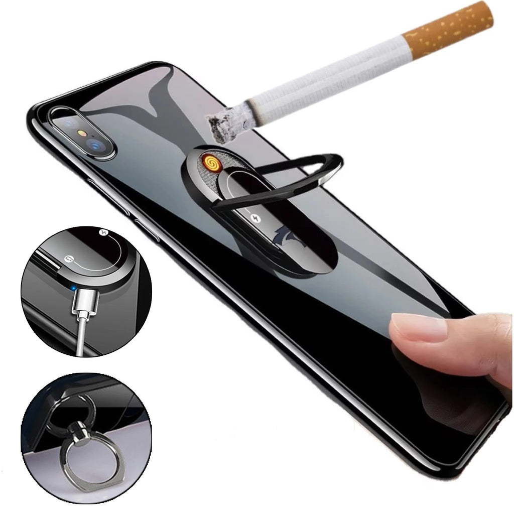 Portable USB plasma lighter with mobile phone holder, aluminium alloy, black ice colour