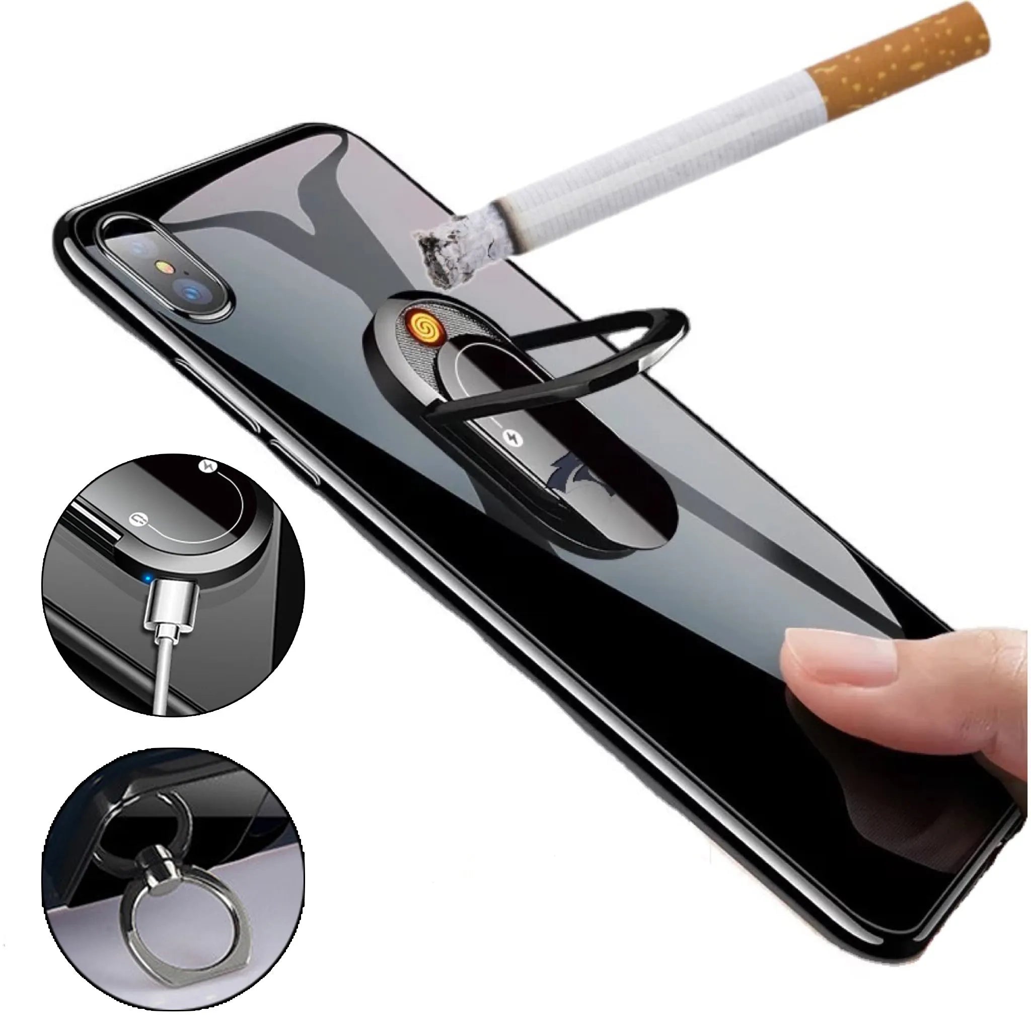 Portable USB plasma lighter with mobile phone holder, aluminium alloy, black ice colour