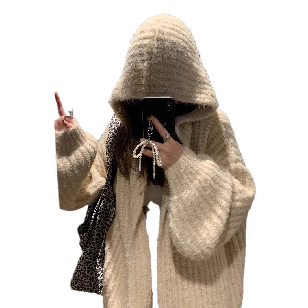 Women's brown retro-style hooded cardigan with a thick knit texture on a hanger.