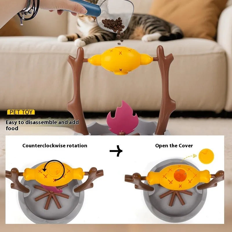 A 30cm cubic tumbling cat feeder toy for slow feeding and interactive play.