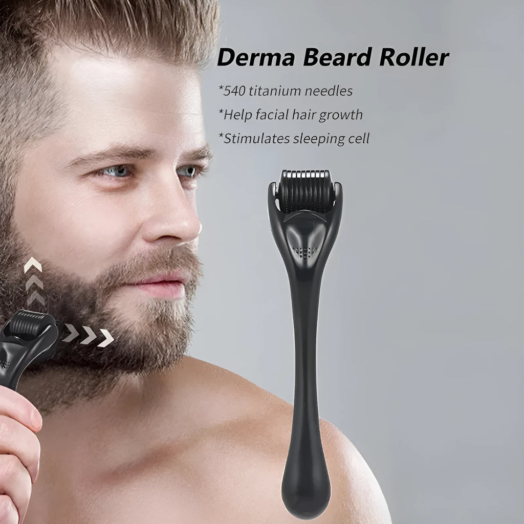 Black derma roller with 540 titanium microneedles, sizes 0.2mm to 1.0mm, for face beard scalp body