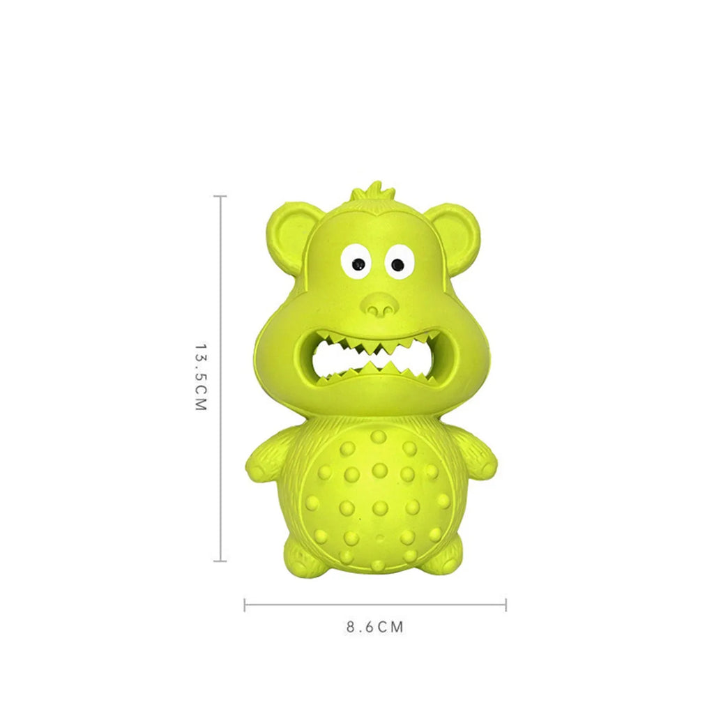 Green and yellow thick natural rubber squeaky dog chew toy for large breed aggressive chewers.