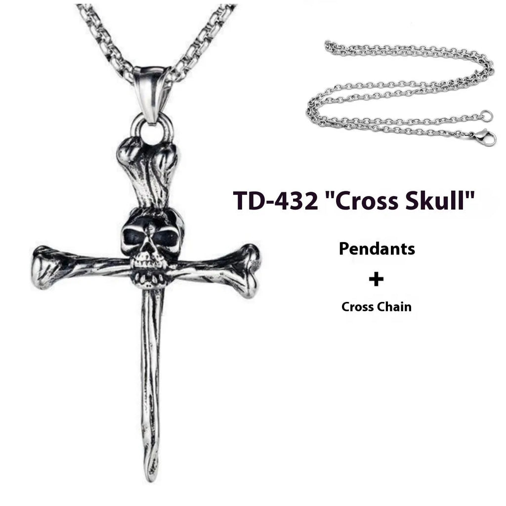 Copper cross skull pendant sweater chain in retro punk style with cross, keel, or pearl chain options.