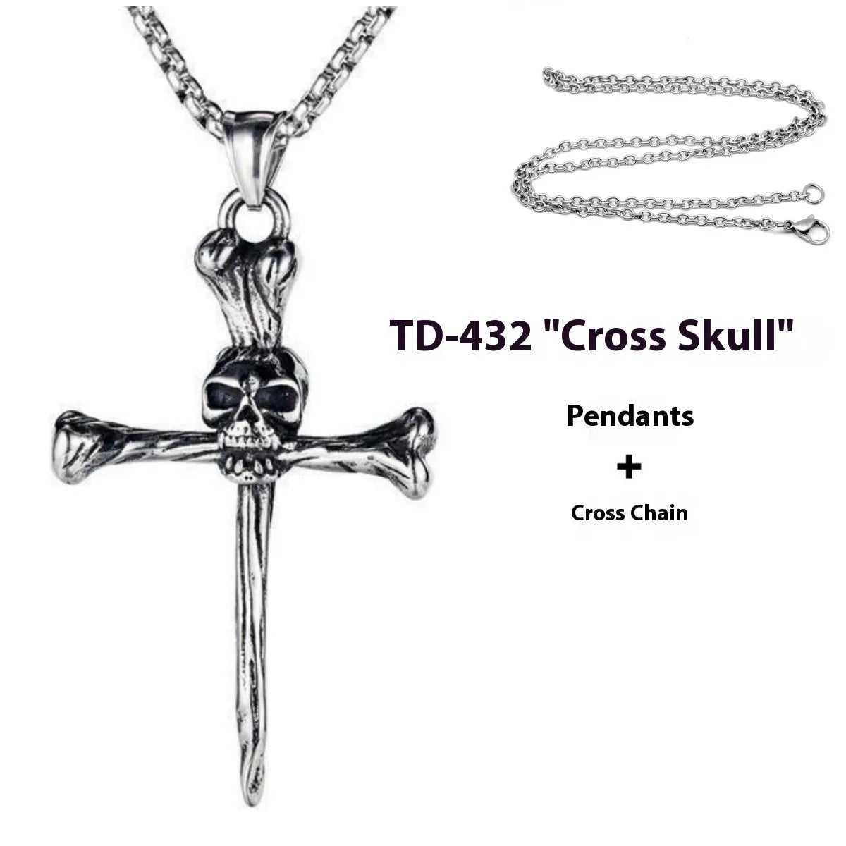 Copper cross skull pendant sweater chain in retro punk style with cross, keel, or pearl chain options.