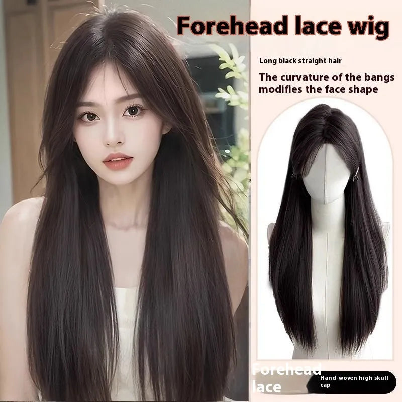 Forehead lace long straight synthetic wig with side bangs in dark brown colour