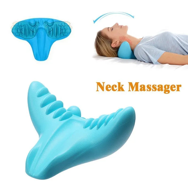 Blue Shiatsu C-rest neck pillow in memory foam, fish tail shape, 21 x 24 x 13 cm, for adult neck support